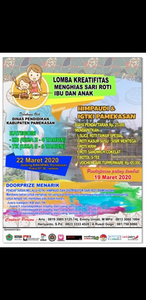 HIMPAUDI dan IGTKI Pamekasan Madura Gelar Lomba Kreatifitas Menghias Sari Roti, Catat Tanggalnya Minggu 22/03/2020.