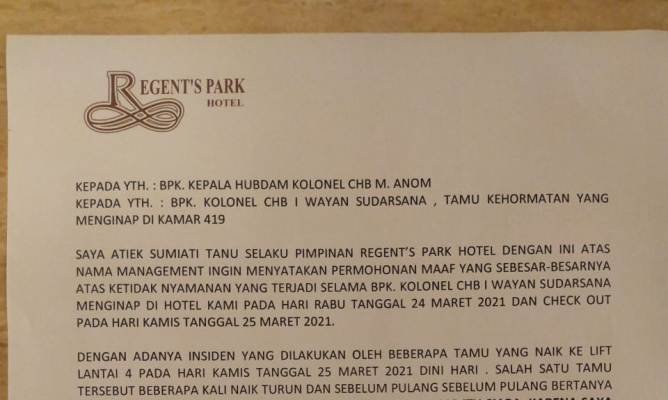 Surat Resmi Pimpinan Regent’Park Hotel Terkait Penggerebekan Salah Sasaran Oleh Satnarkoba Polresta Malang